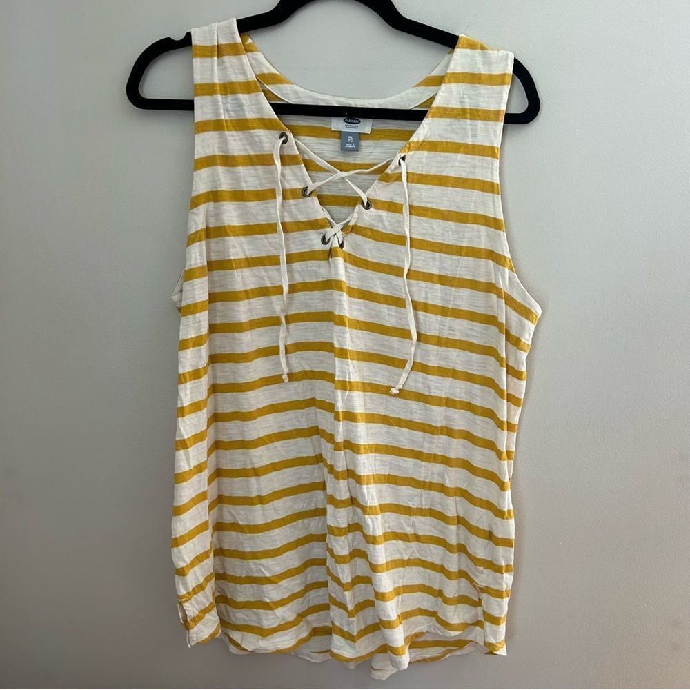 Old Navy Tank Top Mustard Yellow White Stripe Lace Up Front Casual Sleeveless